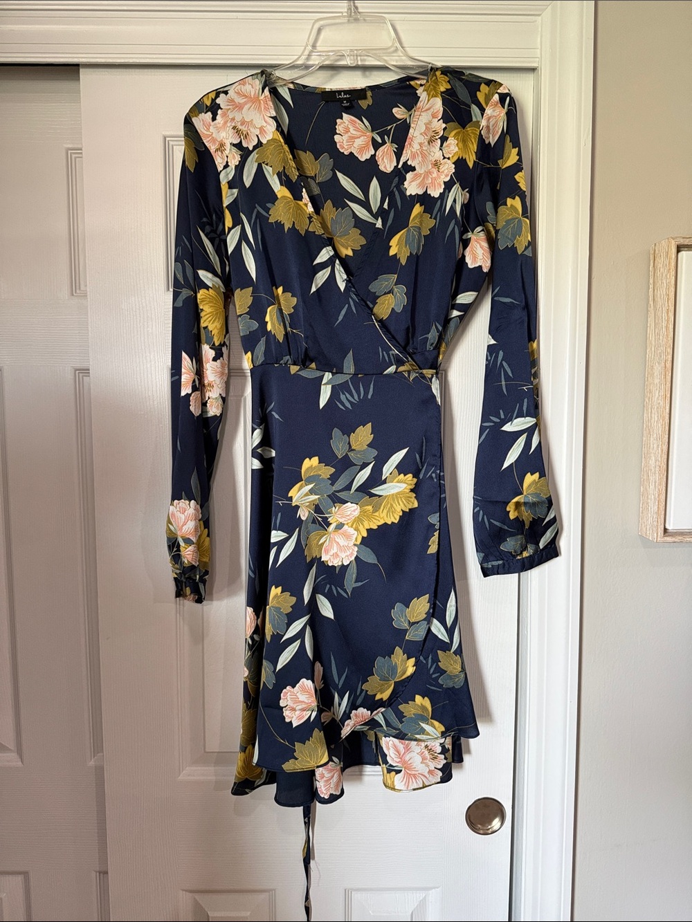 Lulu's Navy Floral Long-Sleeve Wrap Dress with Pink & Mustard Blooms